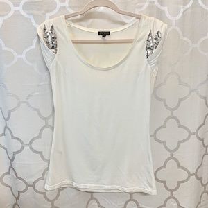 White Tee with Sequins Sleeve Detail